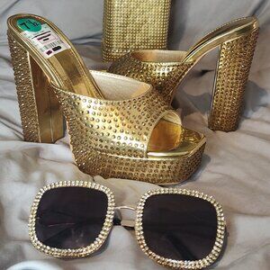 Olivia Gold metallic amber rhinestone slide on sexy 6in heels 7.5 nwt